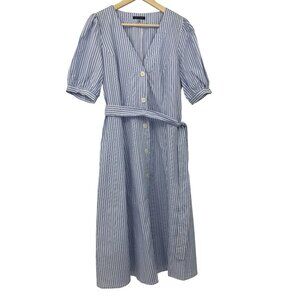 Tommy Hilfiger Eden Stripe Button Tie Belt Puff Sleeve Dress Blue White Size 14